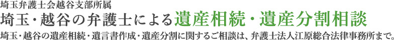 埼玉弁護士会越谷支部所属 埼玉・越谷の弁護士による遺産相続・遺産分割相談 埼玉・越谷の遺産相続・遺言書作成・遺産分割に関するご相談は、弁護士法人江原総合法律事務所まで。